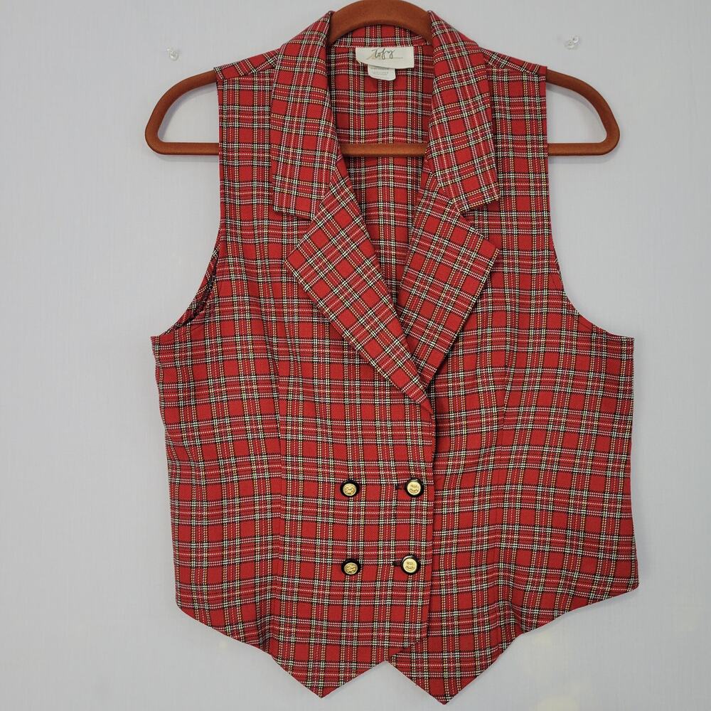 Vintage Plaid Double Breasted Vest size M Red Academia Retro Preppy 80s 90s USA